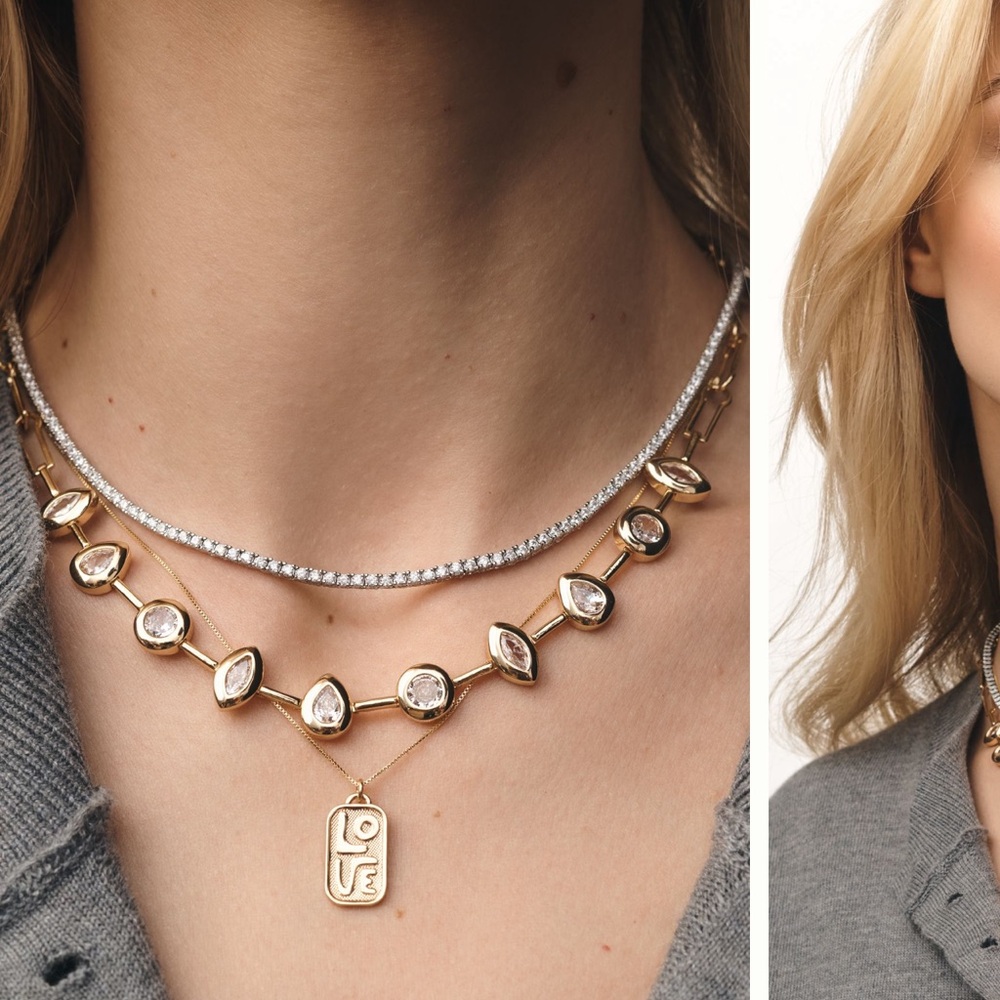 Anthropologie Gold Plated Crystal Paperclip Necklace